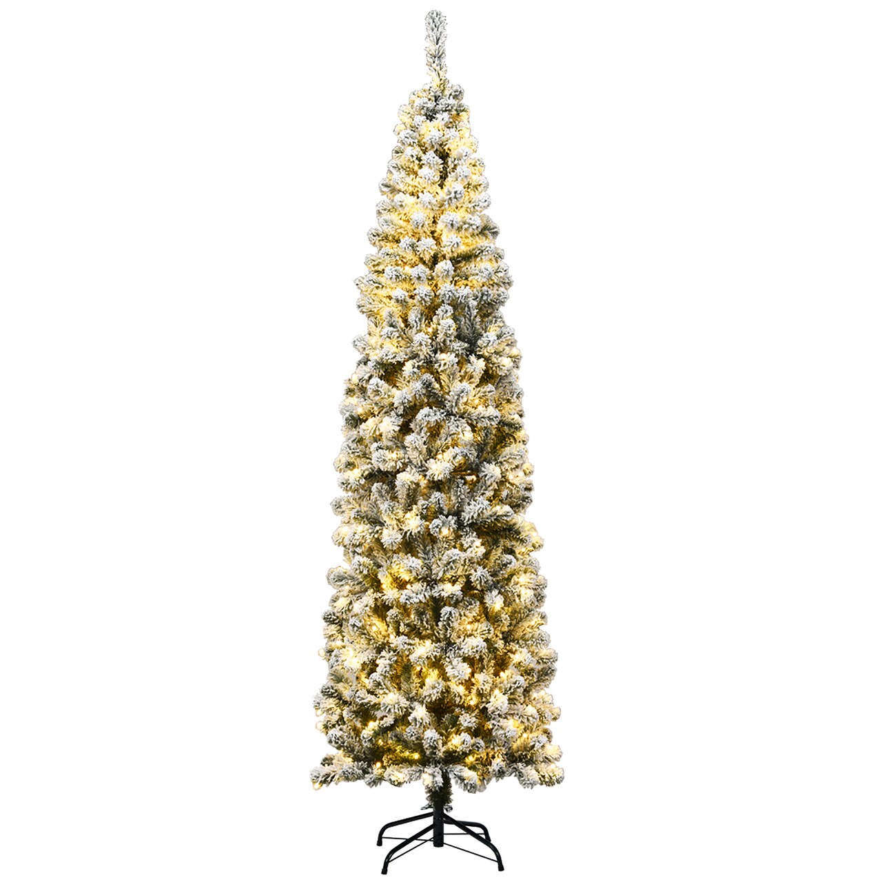 Costway 4.5/6/7.5 Ft Pre-lit Snow Flocked Artificial Pencil Christmas Pine Tree with 150/250/350 LED Lights